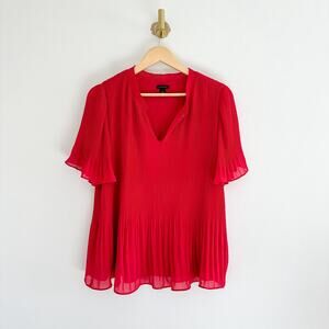 Ann Taylor Pleated Short Sleeve Blouse Red S
